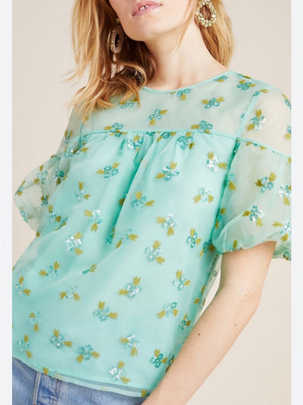 Anthropologie Sabine Beaded Sequin Mint Green Embroidered Puff Sleeve Blouse